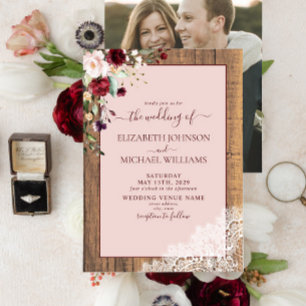 Burgundy Blush Botanical Wood Script Photo Wedding Invitation