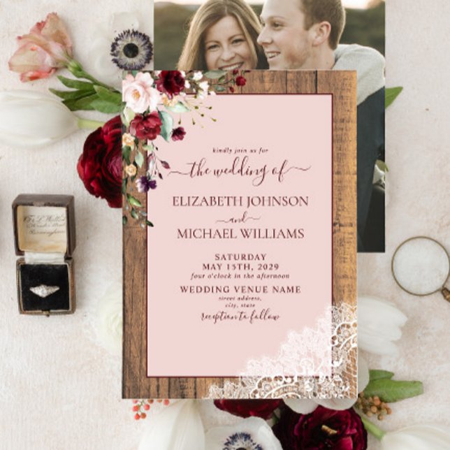 Burgundy Blush Botanical Wood Script Photo Wedding Invitation (Creator Uploaded)