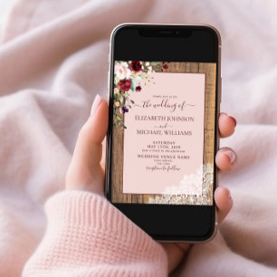 Burgundy Blush Botanical Wood Script Photo Wedding Invitation