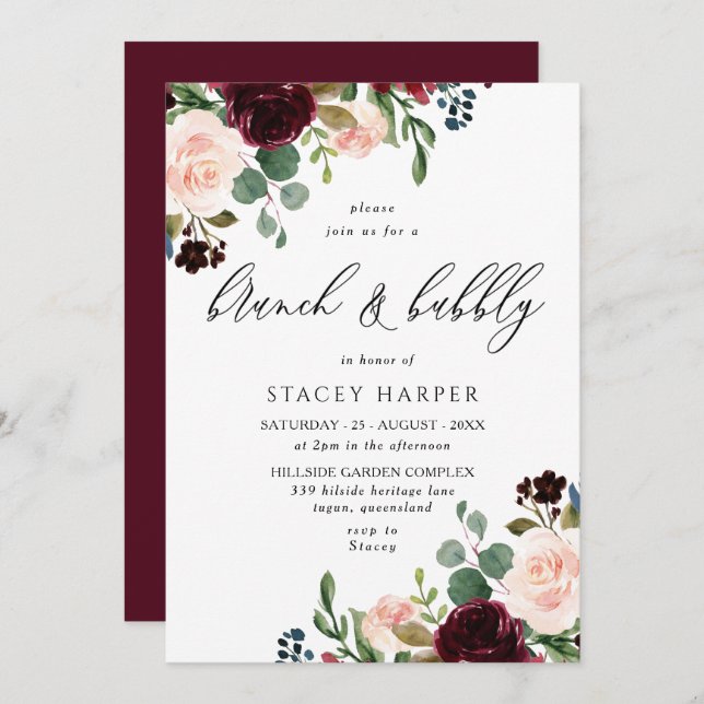Burgundy & Blush Bridal Shower Brunch & Bubbly Invitation (Front/Back)
