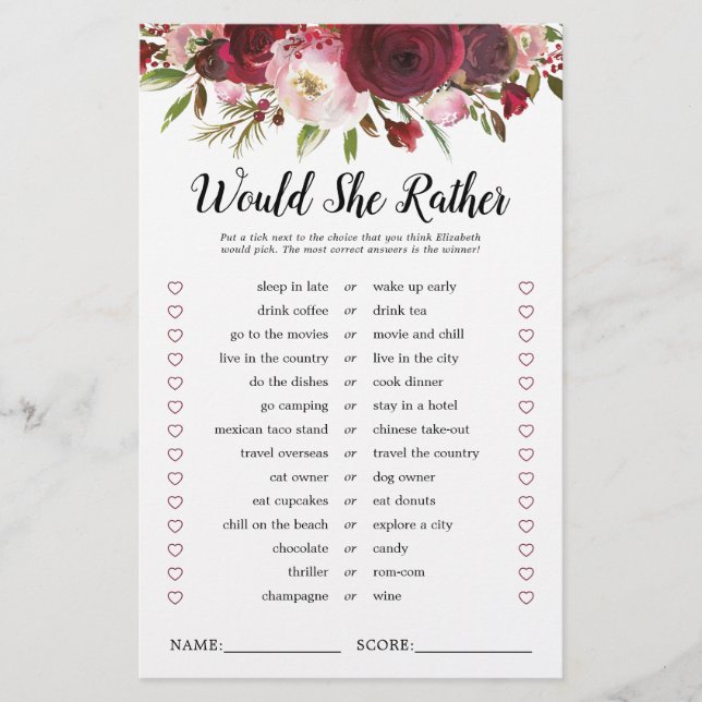 Burgundy Blush Bridal Shower Game (Front)
