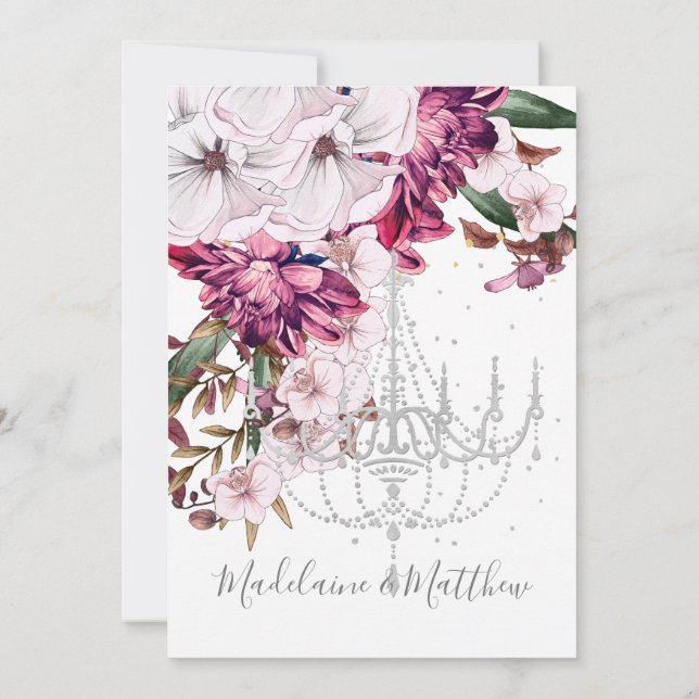 Burgundy Blush Chandelier Floral Elegant Wedding Invitation (Back)