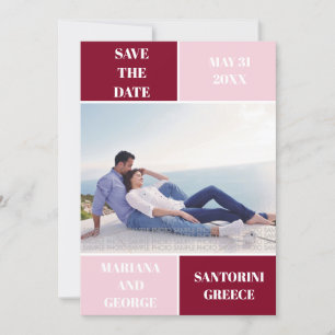 Burgundy, blush colour block wedding Save the Date