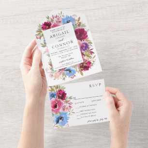 Burgundy Blush Dusty Blue Elegant Floral All In One Invitation
