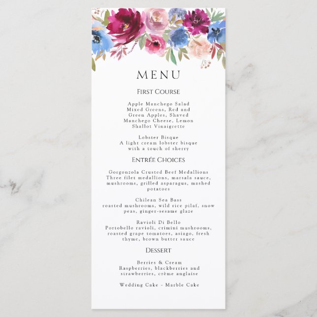 Burgundy Blush Dusty Blue Elegant Floral Menu (Front)