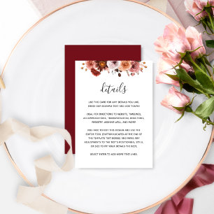 Burgundy, Blush, Dusty Rose Floral Wedding Details Enclosure Card
