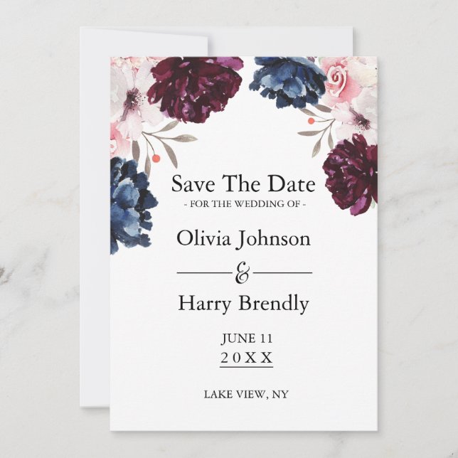 Burgundy Blush Elegant Floral Save The Date (Front)