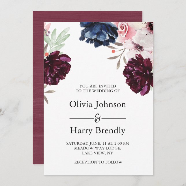 Burgundy Blush Elegant Floral Wedding Invitation (Front/Back)