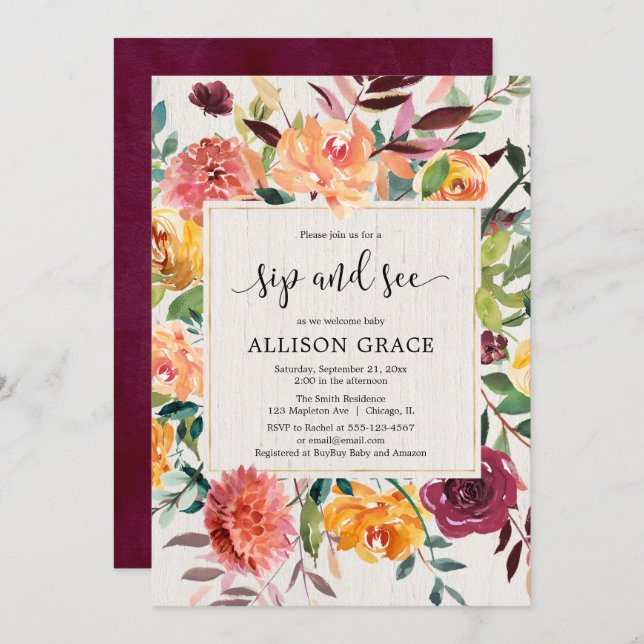 Burgundy blush fall floral elegant sip and see invitation (Front/Back)