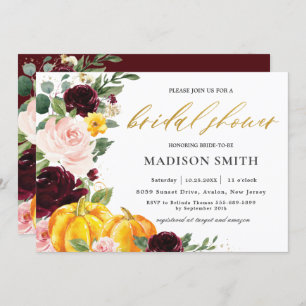 Burgundy Blush Fall Floral Pumpkins Bridal Shower Invitation