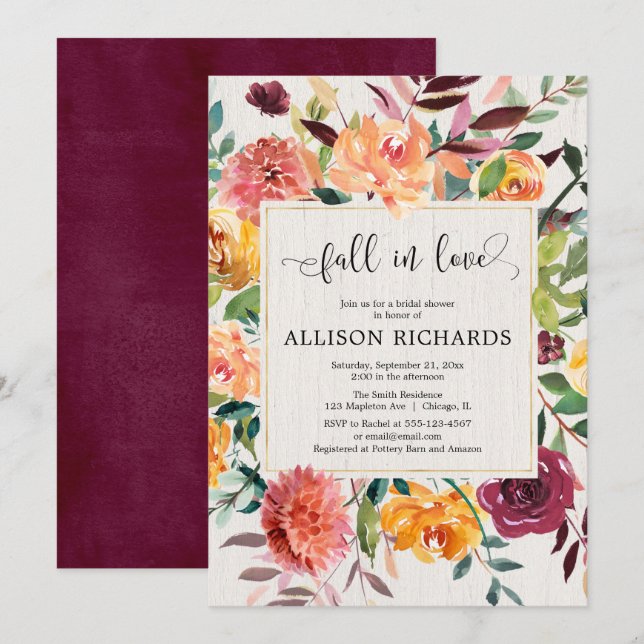 Burgundy blush fall in love elegant bridal shower invitation (Front/Back)