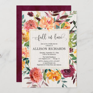 Burgundy blush fall in love elegant bridal shower invitation