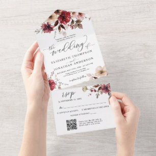Burgundy Blush Fall Wedding Details QR Code RSVP All In One Invitation