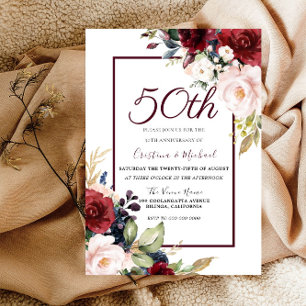 Burgundy Blush Floral 50th Wedding Anniversary Invitation
