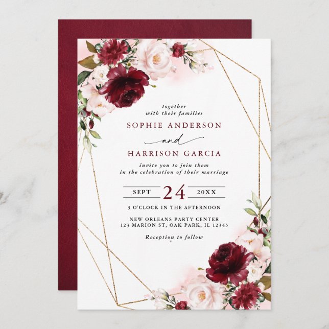 Burgundy Blush Floral And Gold Geometric Wedding Invitation (Front/Back)