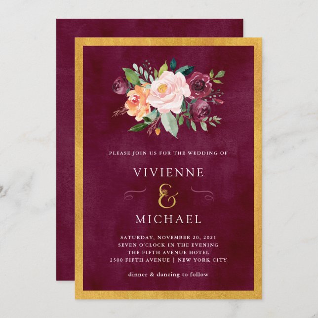 Burgundy Blush | Floral and Gold Wedding Invitation (Front/Back)