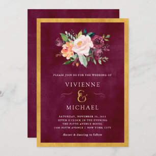 Burgundy Blush   Floral and Gold Wedding Invitation