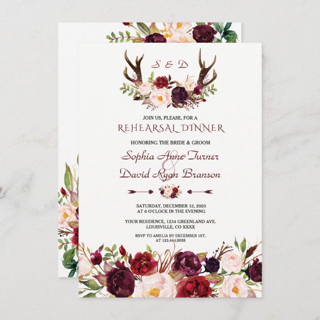 Burgundy Blush  Floral Antlers Rehearsal Dinner Invitation (Front/Back)