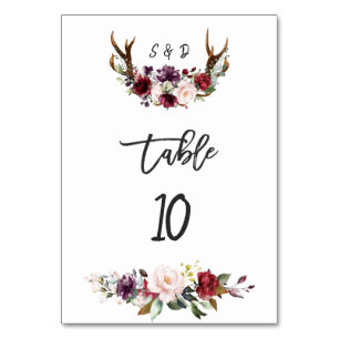 Burgundy Blush Floral Antlers Wedding Table Number