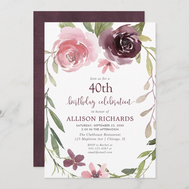 Burgundy blush floral any age adult birthday party invitation (Front/Back)
