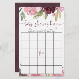 Burgundy blush floral baby shower bingo cards