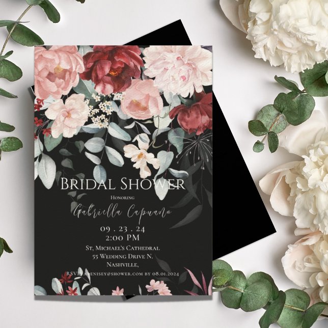 Burgundy Blush Floral Black Bridal Shower Invitation (Creator Uploaded)