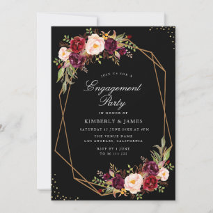 Burgundy & blush floral black engagement party invitation
