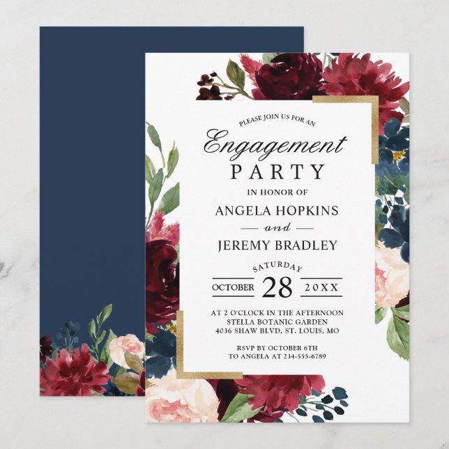 Burgundy Blush Floral Blue Gold Engagement Party Invitation (Front/Back)