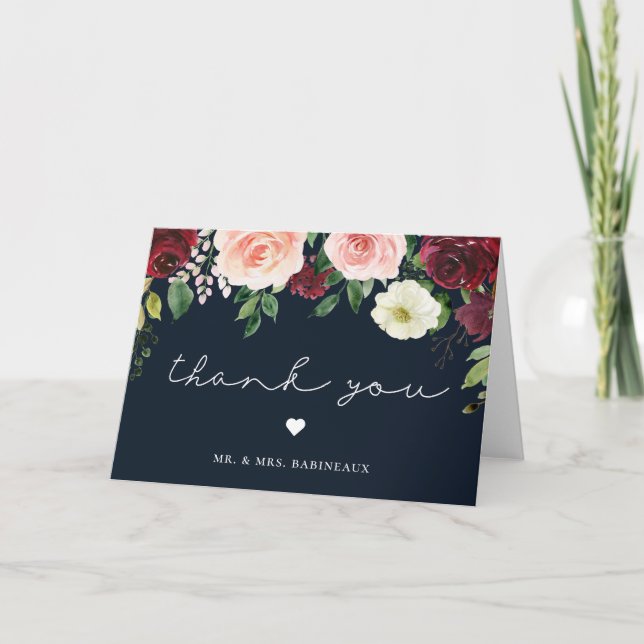 Burgundy Blush Floral Blue Wedding Thank You Card (Front)