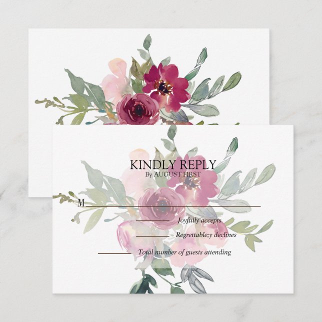 Burgundy & Blush floral bouquet Wedding  RSVP Card (Front/Back)