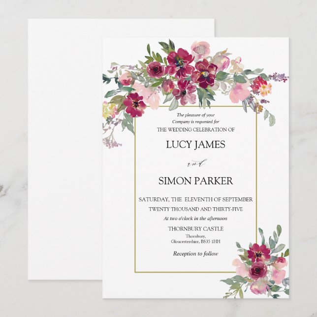 Burgundy Blush floral bouquet with gold frame Invitation (Front/Back)
