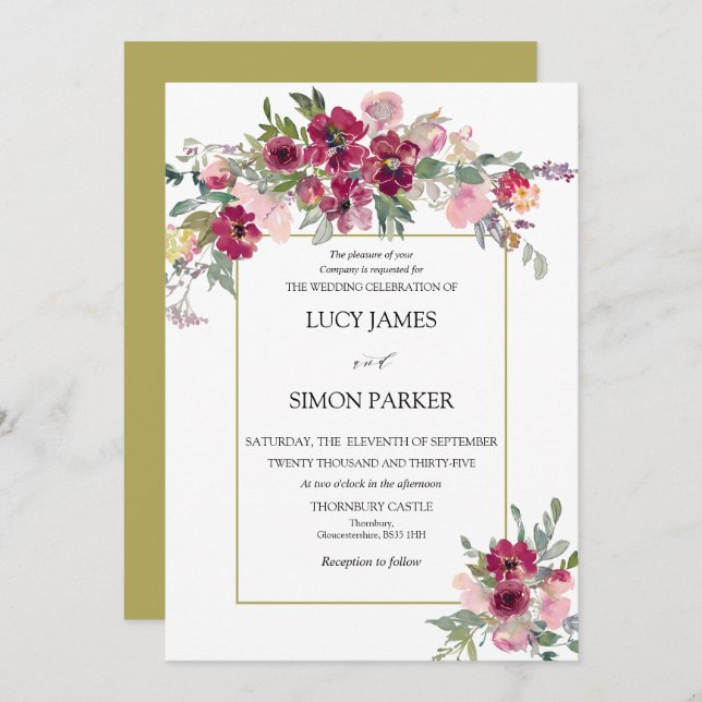 Burgundy Blush floral bouquet with gold frame  Invitation (Front/Back)
