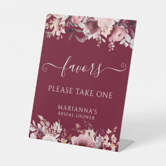 Burgundy Blush Floral Bridal Shower Favors Pedestal Sign