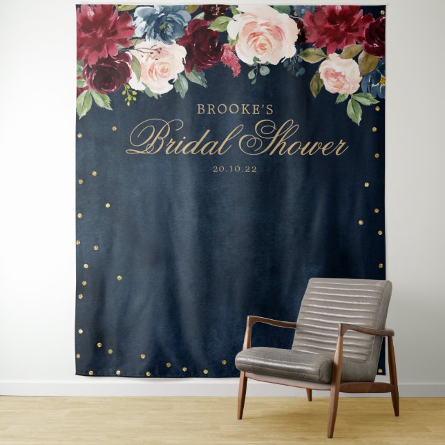 Burgundy Blush Floral Bridal shower Photo Backdrop Tapestry (In Situ)