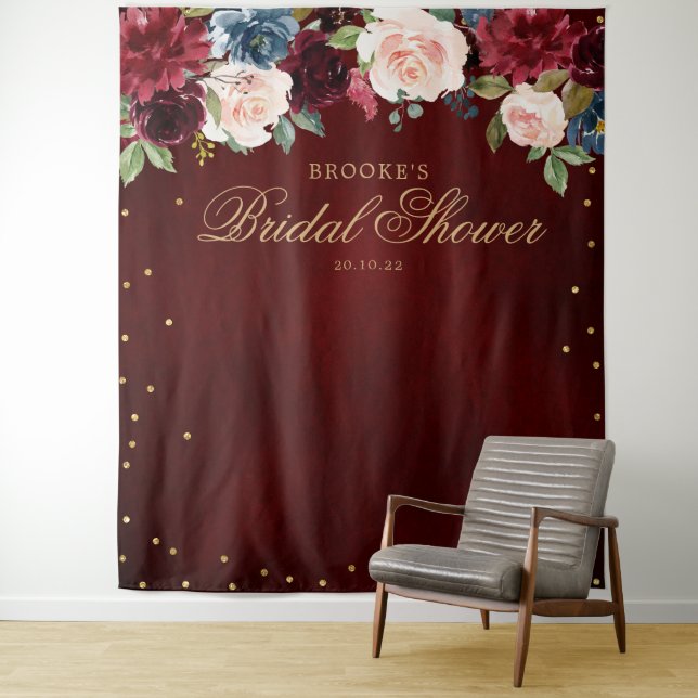 Burgundy Blush Floral Bridal shower Photo Backdrop Tapestry (In Situ)