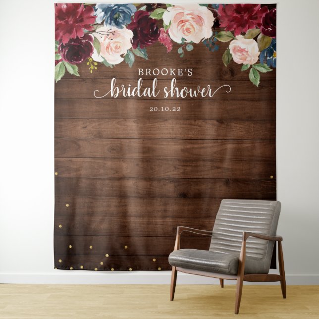 Burgundy Blush Floral Bridal shower Photo Backdrop Tapestry (In Situ)