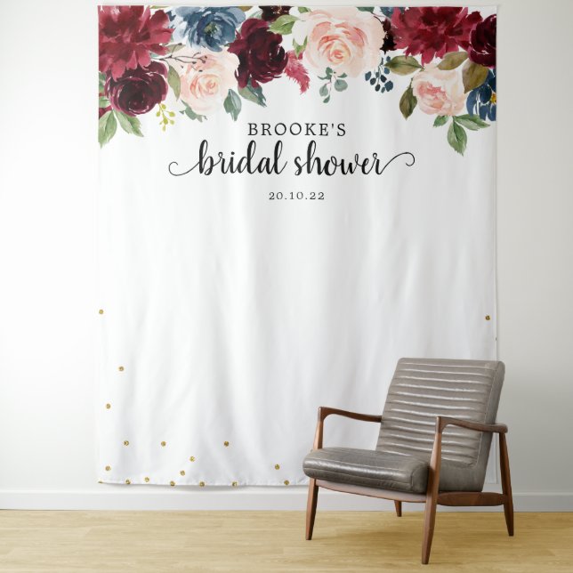 Burgundy Blush Floral Bridal shower Photo Backdrop Tapestry (In Situ)