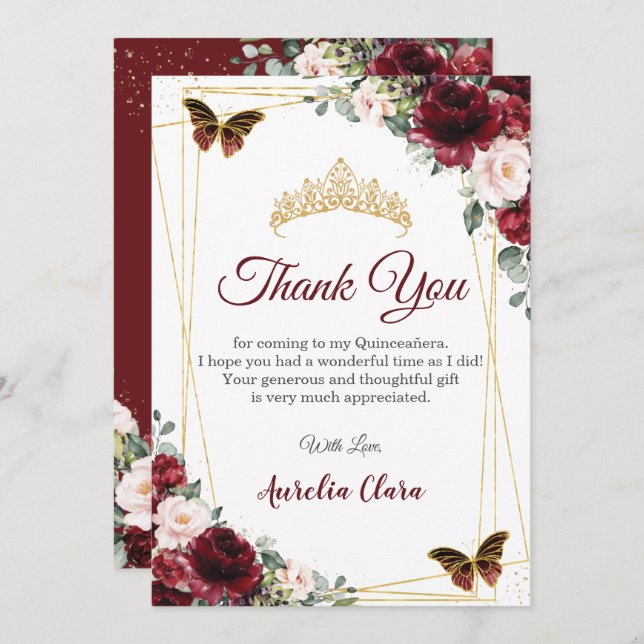 Burgundy Blush Floral Butterflies Thank You Card (Front/Back)