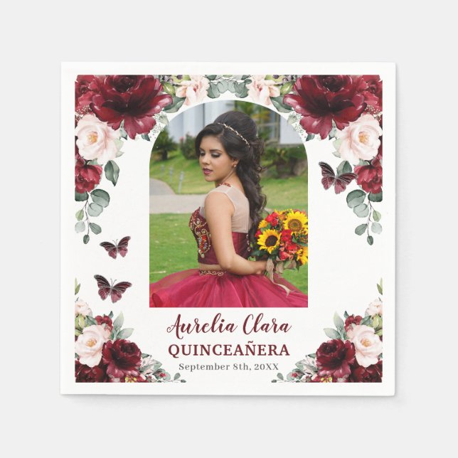 Burgundy Blush Floral Butterfly Quinceañera Photo Napkin (Front)