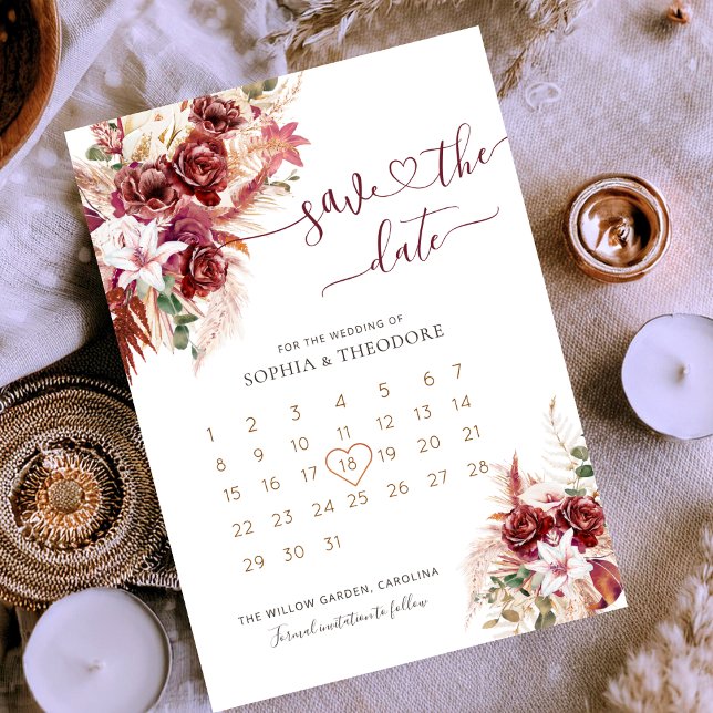 Burgundy & Blush Floral Calendar Save The Date (Creator Uploaded)