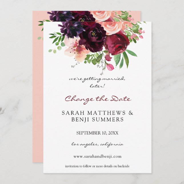 Burgundy & Blush Floral Change the Date (Large) Invitation (Front/Back)