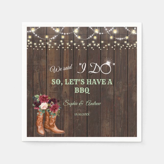 Burgundy Blush Floral Cowboy Boots After I DO BBQ Napkin (Front)