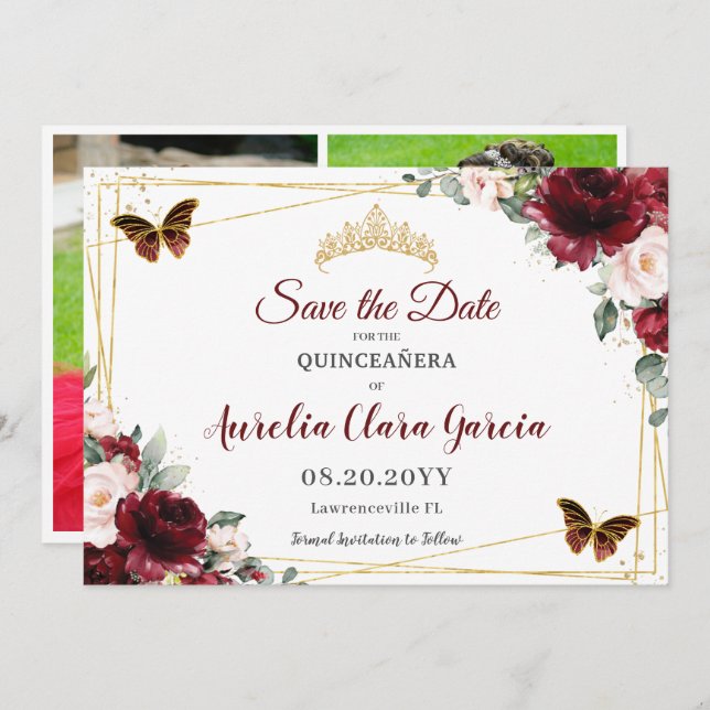 Burgundy Blush Floral Crown Quinceañera 3 Photos Save The Date (Front/Back)