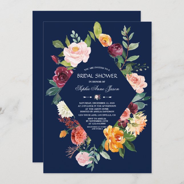 Burgundy Blush Floral Dark Blue Bridal Shower Invitation (Front/Back)