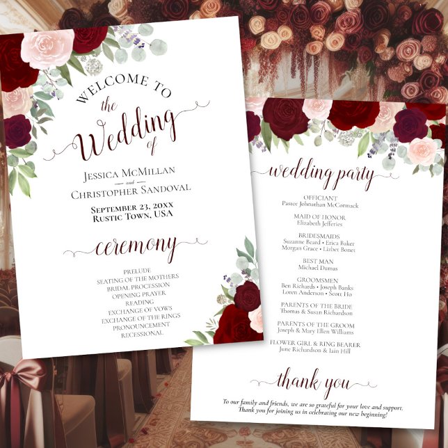 Burgundy Blush Floral Downloadable Wedding Program (Front/Back)