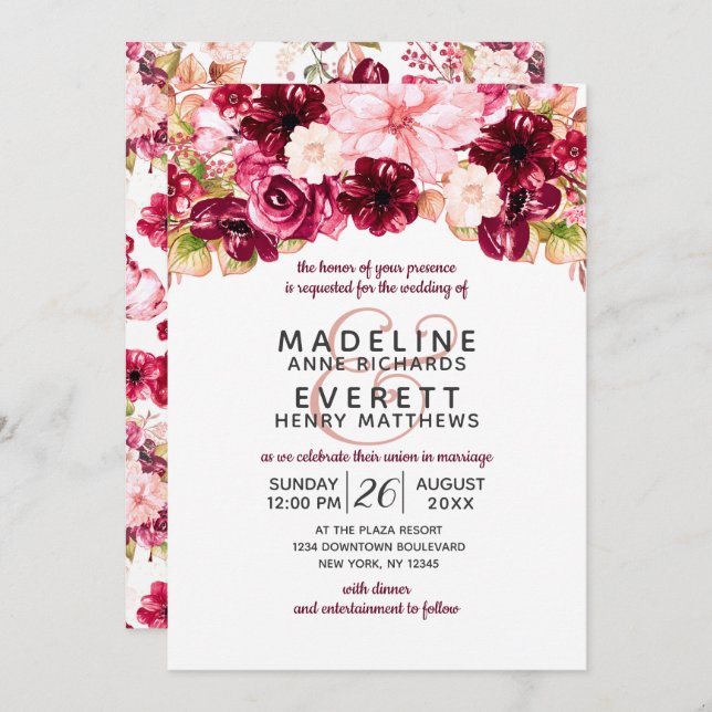 Burgundy & Blush Floral Drop Wedding Invitations (Front/Back)
