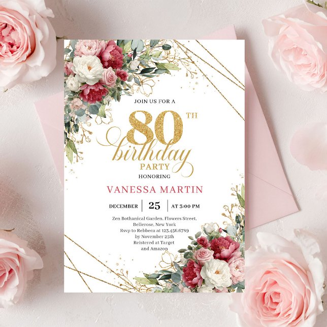 Burgundy blush floral elegant gold design 80 bday invitation (Burgundy blush floral elegant gold design 80 birthday invitation

)