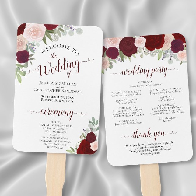Burgundy & Blush Floral Elegant Wedding Program Hand Fan (Front/Back)