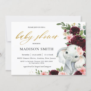 Burgundy Blush Floral Elephant Baby Shower Invitation