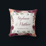 Burgundy Blush Floral Fall Wedding Cushion<br><div class="desc">This pillow features watercolor blush pink and burgundy roses with green leaves and foliage. Personalise it with names and date. This pillow is part of a collection which includes matching wedding stationery and gifts. Please visit our store or view our collection pages to see the full range of products that...</div>